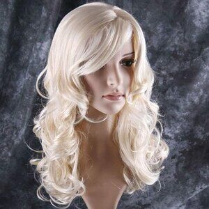 New BERON 24" Stylish Blonde Wig, Long Curly Wavy Light Blonde Wig with Bangs